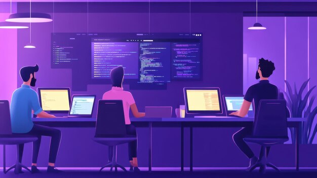Photo a team of developers collaborating on a coding project with laptops and screens