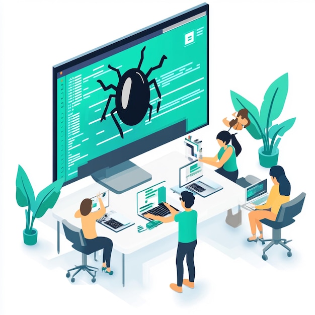 Photo a team of engineers collaborating over a bugfixing session using remote debugging software