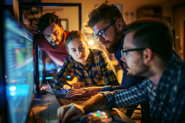 Photo team of programmers working with servers in an office setting analyzing data with software interfaces generative ai