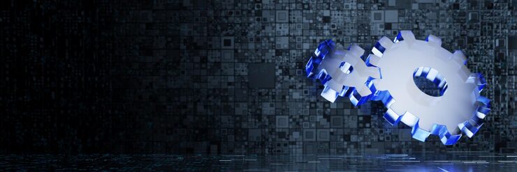 Team work Metal gear on a technological background Software operation Hardware operation Program algorithm Interaction between processes processes in the system 3d render