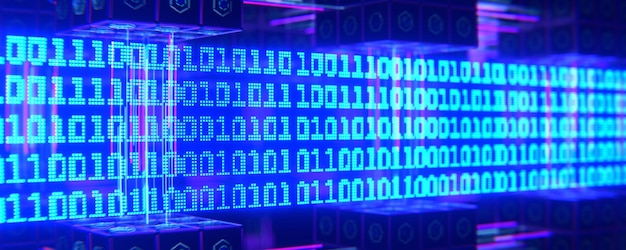 Photo technological background with zeros and ones banar code on an abstract background execution of code in the processor 3d render