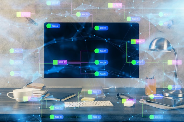 Photo technology theme drawing and table with computer double exposure concept of information