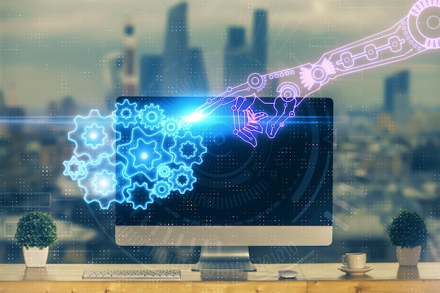 Photo technology theme drawing and table with computer multi exposure concept of information