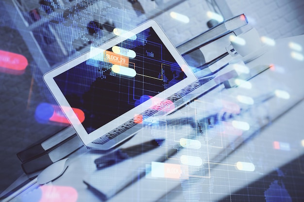 Photo technology theme drawing and work space with computer double exposure concept of innovation