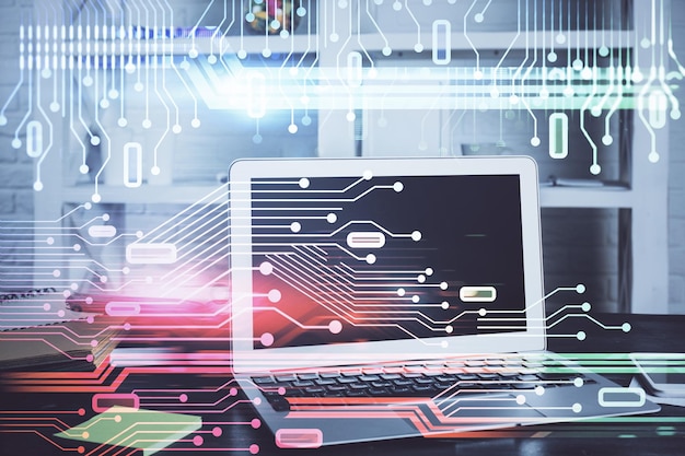 Photo technology theme drawing and work space with computer multi exposure concept of innovation