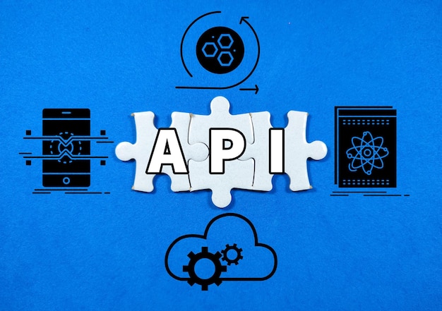 Photo text api application programming interface on a jigsaw pizzle with software integration simple icon