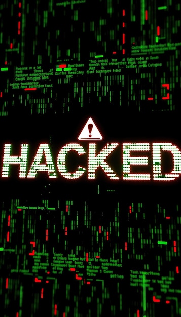 Photo text hacked warning sign over green binary code background technology threath cybersecurity concept