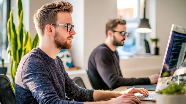 Photo there are two men at a desk working at computers in the style of functionality emphasis light indigo
