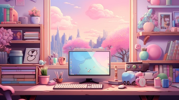 there is a computer on a desk in front of a window generative ai