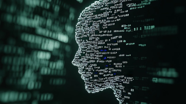 Photo in this image a human silhouette is surrounded by binary code representing algorithms and data processing used in ai
