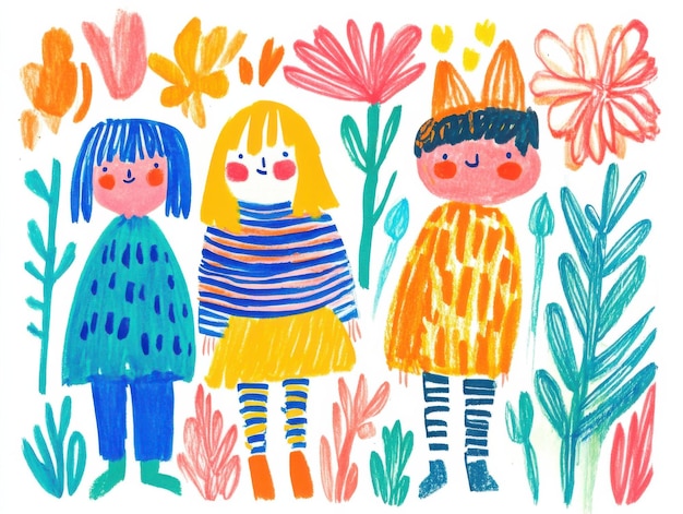 Photo three happy children stand together against a white background surrounded by vibrant flowers each child showcases unique clothing and hairstyles creating a joyful atmosphere