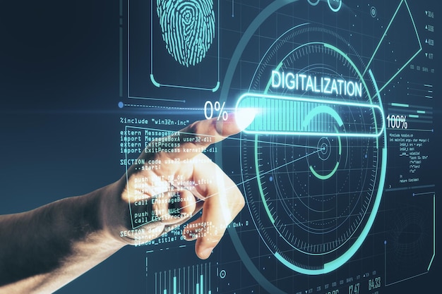 Photo touch the future concept with man finger on virtual touch screen with loading bar element icon and programming code