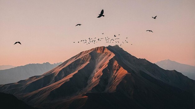 Photo tree on savanna with mountain and birds on the sky minimalist landscape illustration