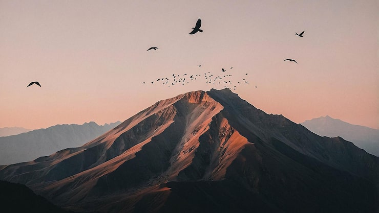 Photo tree on savanna with mountain and birds on the sky minimalist landscape illustration