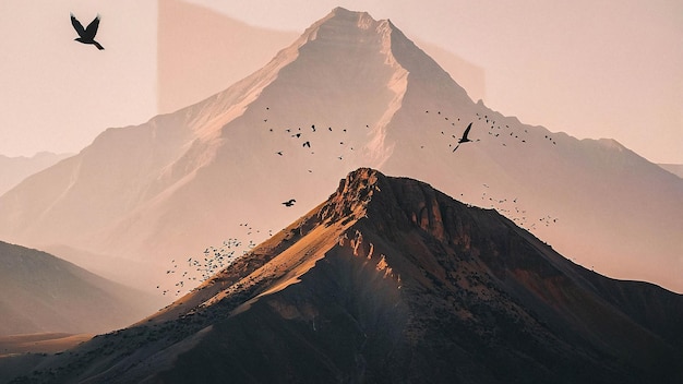 Photo tree on savanna with mountain and birds on the sky minimalist landscape illustration