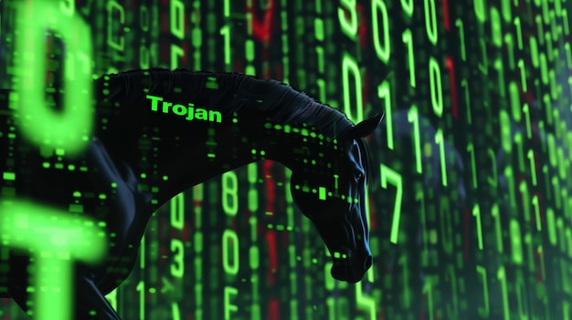 Photo trojan hacked text on bits and bytes binary code on a dark background concept of hacking