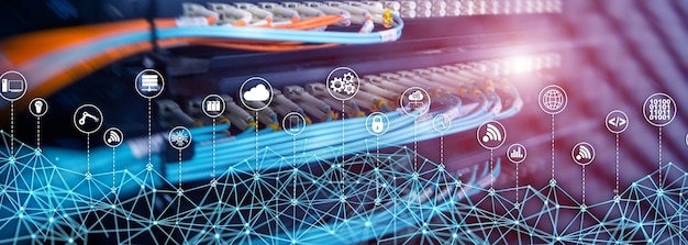 Photo universal global network structure on abstract data center background