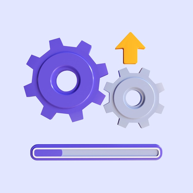 Photo update icon with gears. loading or updating files, install new software, operating system, 3d render