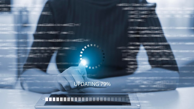 Photo update the software and install a new version system on the computer the upgrade program business technology internet loading bar with installing the update for the quality better