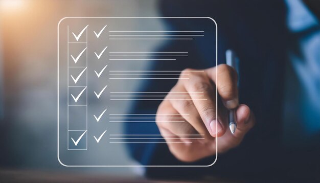 Photo using and completing a checklist featuring elements like checkmarks lists and completed tasks symbolizing organization task management and productivity