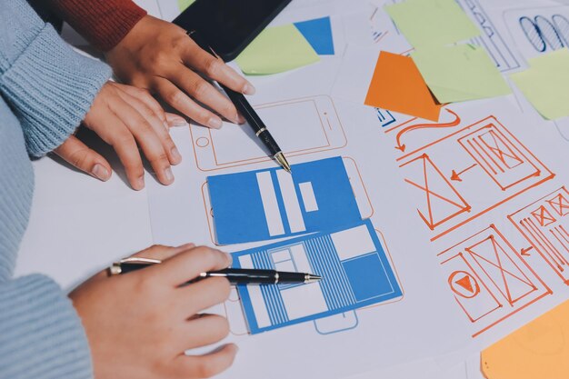 Photo ux ui designer testing prototype on a phone discussing and brainstorming on wireframes for a website and mobile app prototype in the concept of website and mobile application design concept