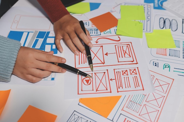 Photo ux ui designer testing prototype on a phone discussing and brainstorming on wireframes for a website and mobile app prototype in the concept of website and mobile application design concept