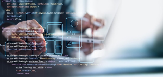 Photo ux ui mobile app user interface designs digital software mobile app development concept planning application process develop prototype wireframe for mobile phone user experience computer code