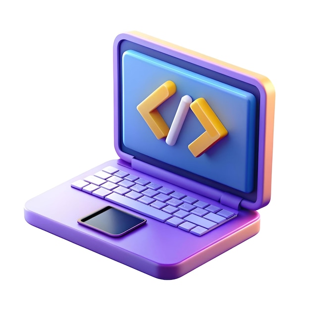 Photo a vibrant 3d illustration of a laptop displaying the iconic code bracket symbol perfect for representing programming coding web development and tech concepts