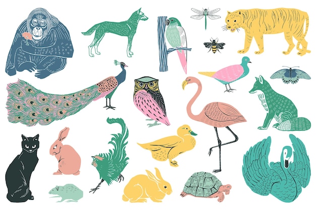 Photo vintage animal stickers png linocut style set