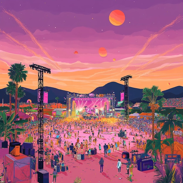 Photo a visual of a music festival with multiple stages performers and festivalgoers