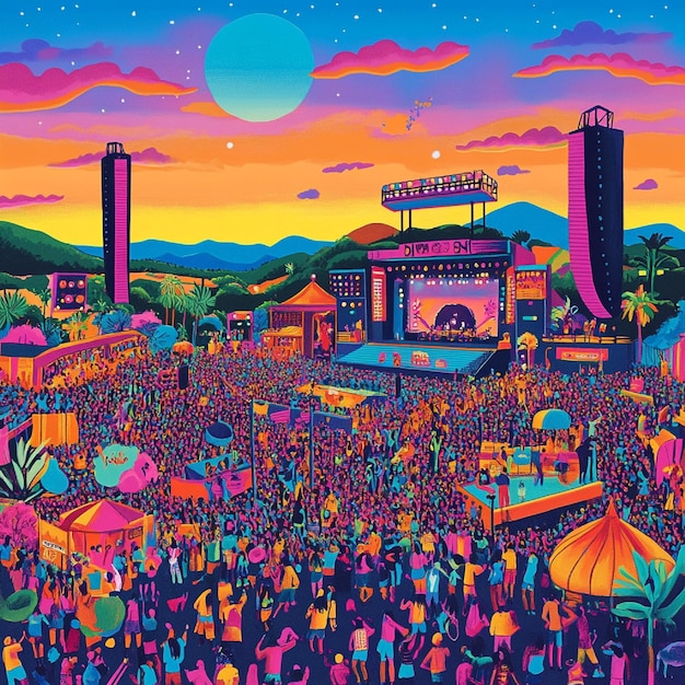 Photo a visual of a vibrant music festival with multiple stages crowds and performers