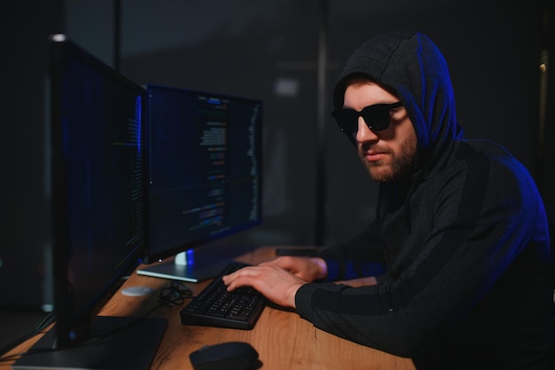 Photo wanted hackers coding virus ransomware using laptops and computers cyber attack system breaking and malware concept