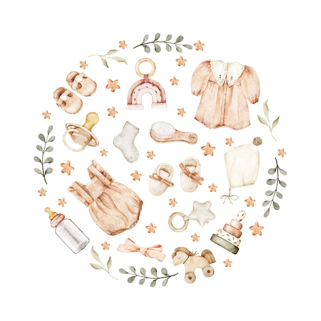 Photo watercolor circle banner with baby toys clothes and accessories for postcards invitations baby shower new born celebration baby girl set