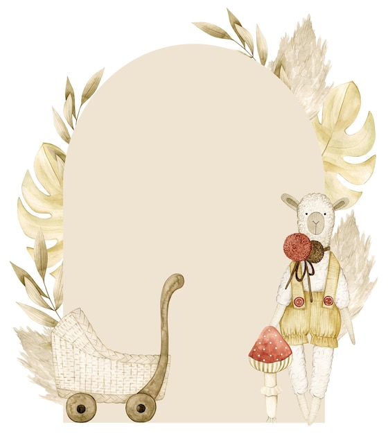 Photo watercolor illustration card baby shower with pampas grass, palm leaf, lama, stroller. isolated.