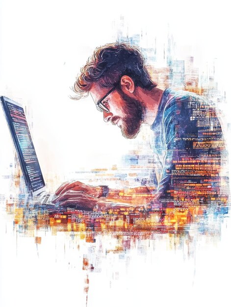 Photo a watercolor illustration of a web developer working on a laptop surrounded by digital code an