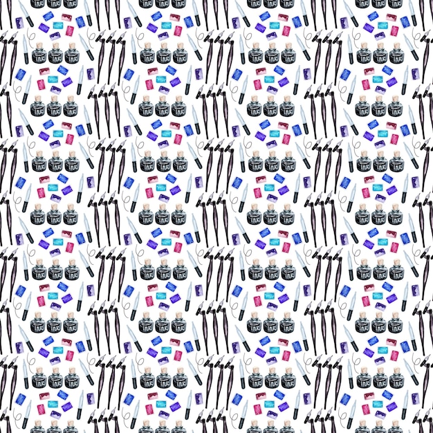 Photo watercolor seamless pattern with various objects of calligraphy