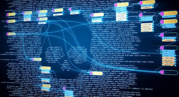 Photo web development concept with abstract futuistic nodes map at binary code background