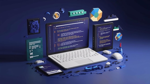 Photo web development programming code or app development and web design on computer for seo 3d backgroun