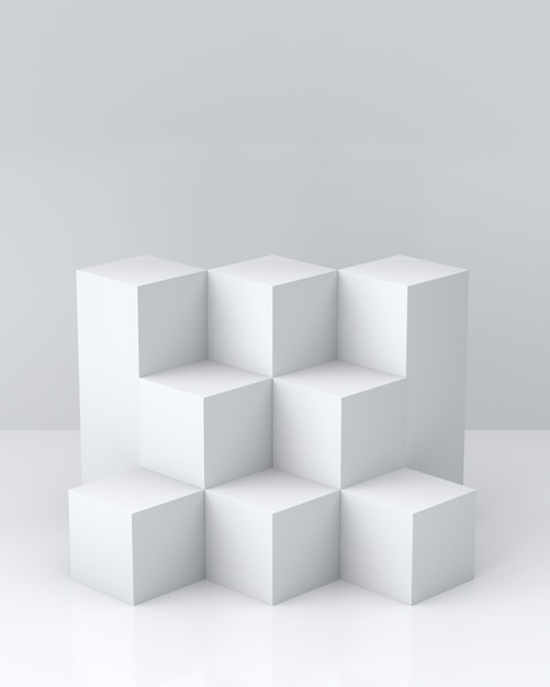 white cube boxes on white background for display. 3d rendering.