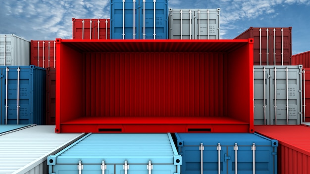 Photo whole side and empty red container box at cargo freight ship