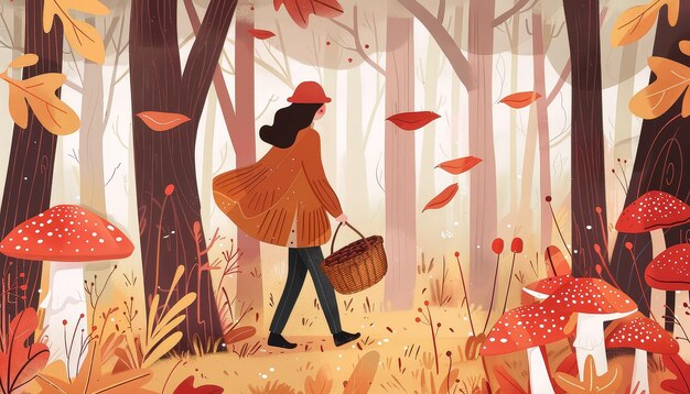 Photo a woman is walking through a forest with mushrooms and leaves