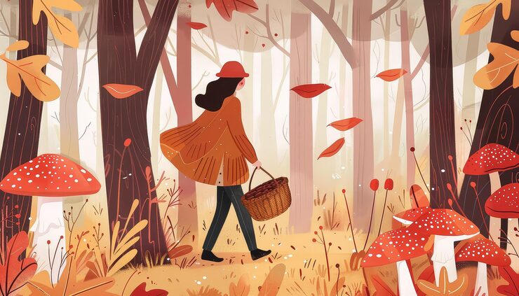 Photo a woman is walking through a forest with mushrooms and leaves