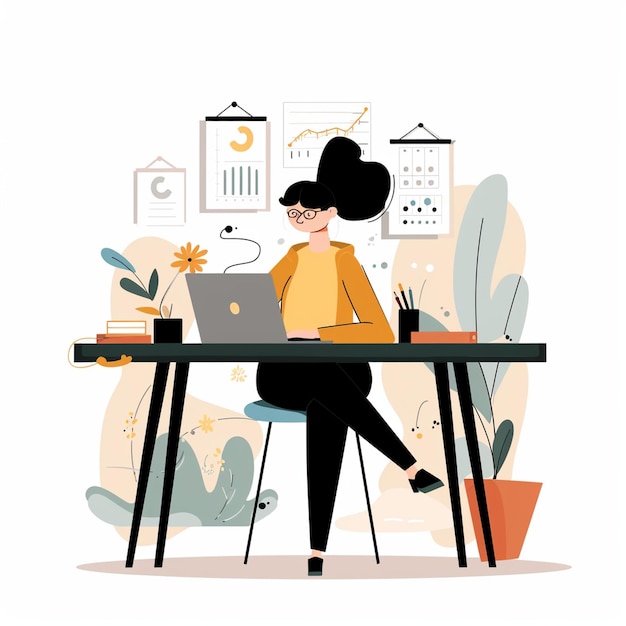 Photo a woman is working on laptop at modern desk surrounded by plants and charts embodying productive freelance work environment