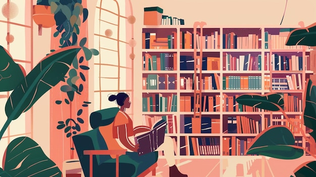 Photo a woman reading a book in a library with a sign that saysthe wordon it