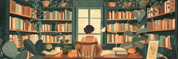 Photo a woman sits in a chair in a library surrounded by bookshelves filled with books sunlight str