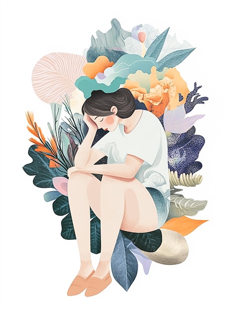 Photo a woman sitting on a rock surrounded by flowers and plants