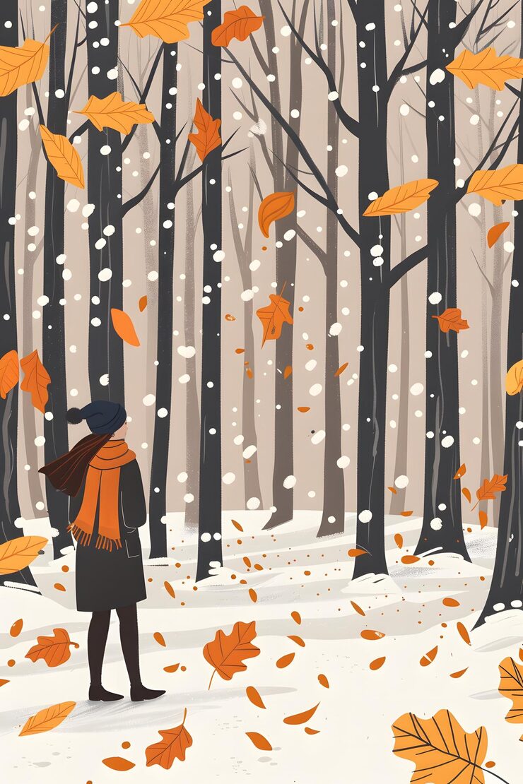 Photo woman standing in a snowy forest with falling leaves