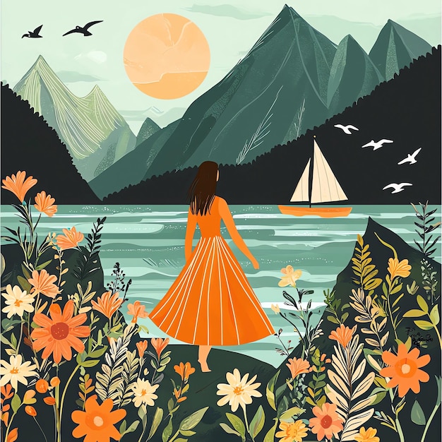 Photo a woman in a yellow dress is standing in front of a lake with mountains and mountains in the background