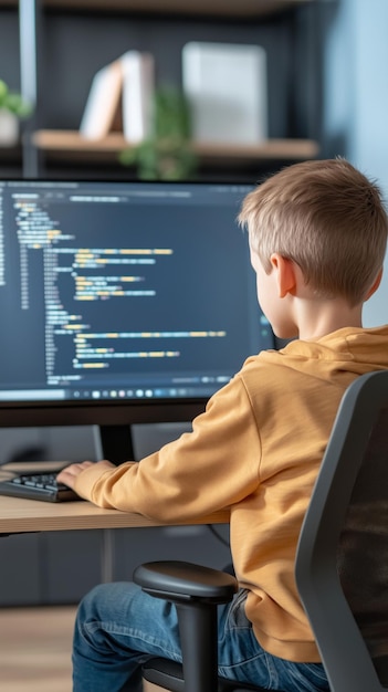Photo young kid boy programming using computer learning coding and software development at home future programmer