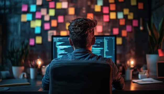 Photo young male programmer working in a dark environment